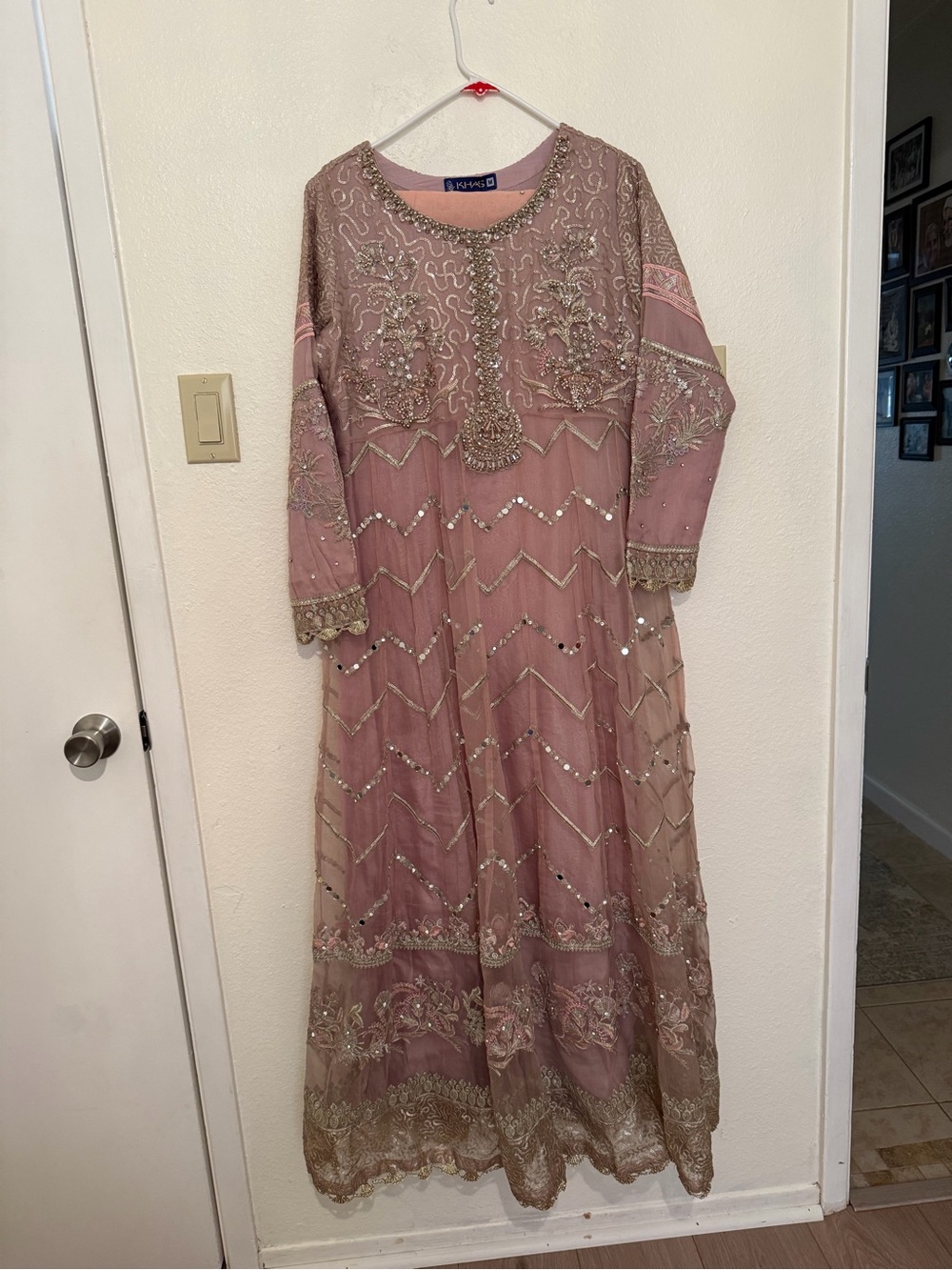 3 Pieces: Pakistani Embroidered Mauve Dress with Gold Accents